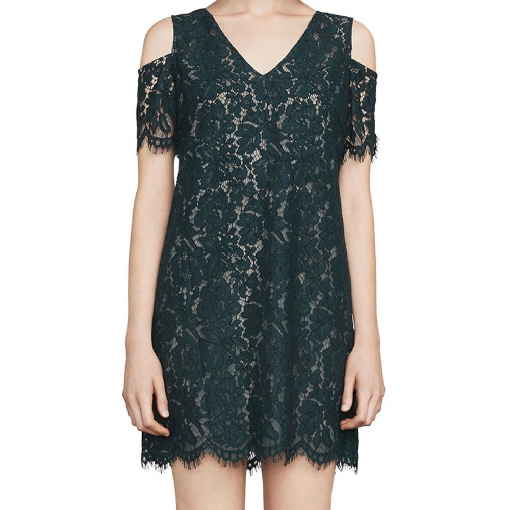BCBG Green and Nude Lace Cold Shoulder Dress